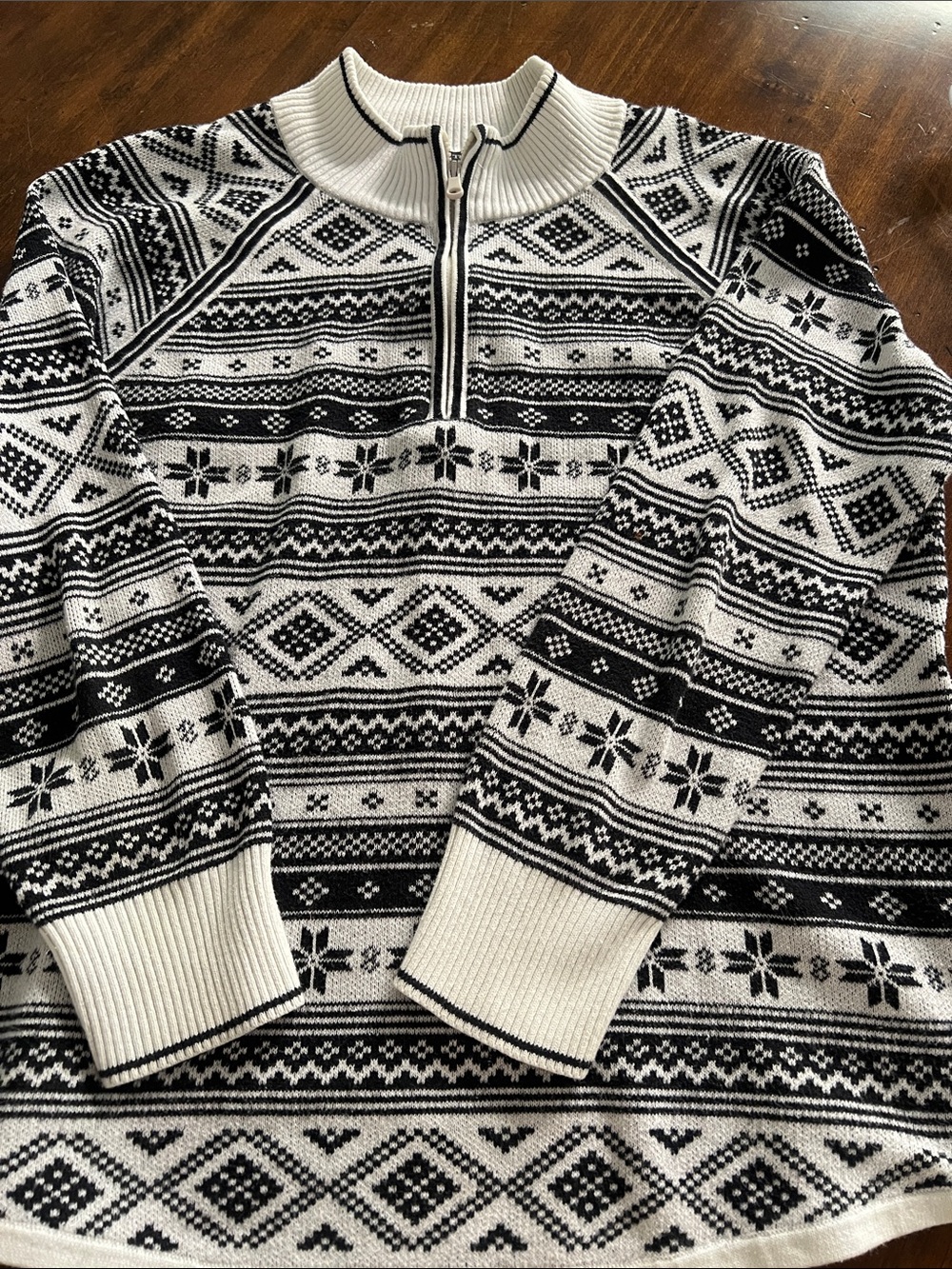 Talbots Black & White Fair Isle Quarter- Zip Sweater